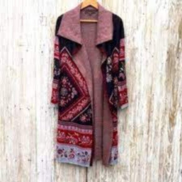 [New] Max Sport LA (XS=4) Knit Duster Style Long Cardigan Sweater Black/Red/Gray - Picture 1 of 8